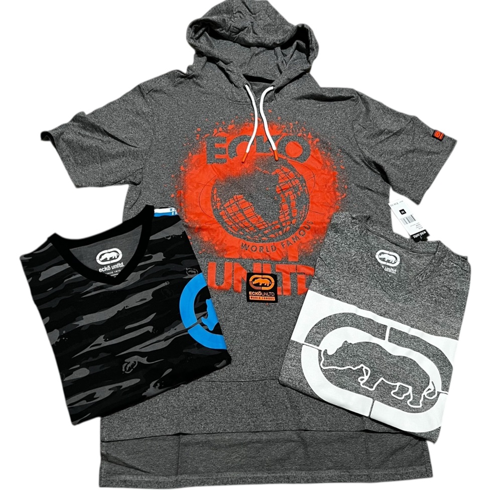 Ecko Unlimited‎ men's 3 t-shirt bundle short sleeve hoodie pockets gray medium